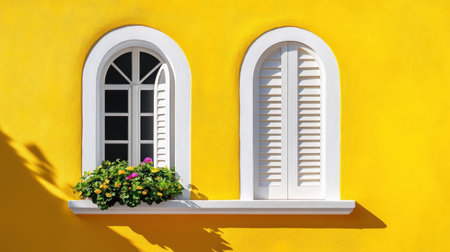 Elegant white arched window with rustic shutters on vibrant yellow stucco wall, shadows casting afternoon lightの素材
