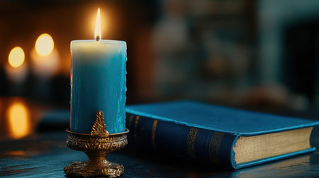 Dramatic candle scene with golden light, blue book and shadowy accessoriesの素材