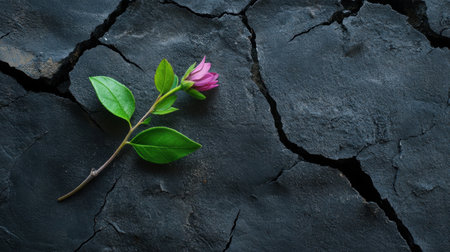 A single flower and leafy stem emerging from cracked ground, vibrant against harsh texturesの素材