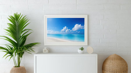 Framed view of exotic beach with clear water and soft clouds, perfect for vacation themesの素材