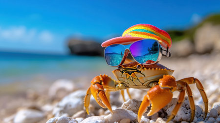 A smiling crab wearing rainbow beach hat and reflective shades strolls along the sunny coastlineの素材
