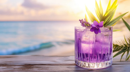 Floral purple cocktail catching sunlight on a wooden table by the beach with calm waves in backgroundの素材