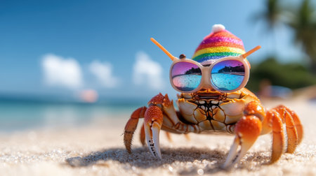 A smiling crab wearing rainbow beach hat and reflective shades strolls along the sunny coastlineの素材