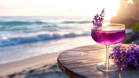 Floral purple cocktail catching sunlight on a wooden table by the beach with calm waves in backgroundの素材
