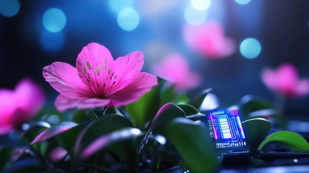 Flower with data chip center, blending biotechnology and organic beautyの素材