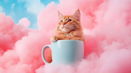 Floating cup holding a ginger cat among soft clouds and a calming sky paletteの素材