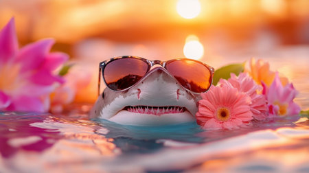 Fun shark in sunglasses and flowers gliding through calm orange sunset seaの素材