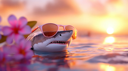 Fun shark in sunglasses and flowers gliding through calm orange sunset seaの素材