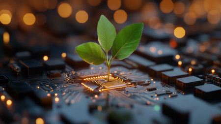 Green leaf sprout on top of digital circuit board, glowing with hopeの素材