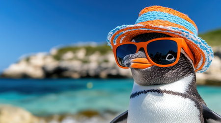 Fashion-forward penguin in sunglasses and a trendy hat, enjoying a sunny day by the seaの素材