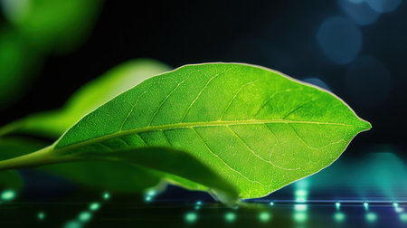 Fresh leaf veins lit with soft light against a dark, data-themed backgroundの素材