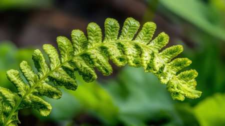 Fern leaves unfurling in vibrant green tones over a deep shadowed forest floorの素材
