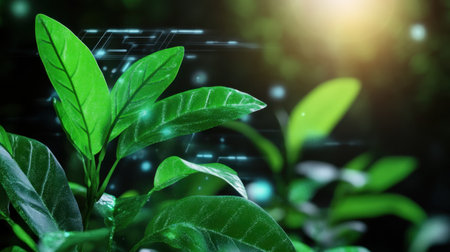 Green foliage resting against a dark AI interface background with light flaresの素材