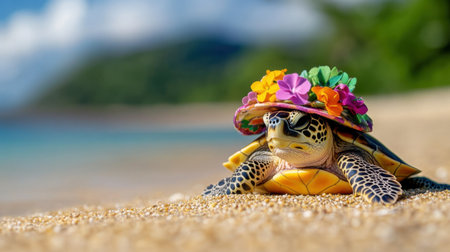 Happy turtle in floral hat on quiet beach, showcasing a whimsical and sunny coastal moodの素材