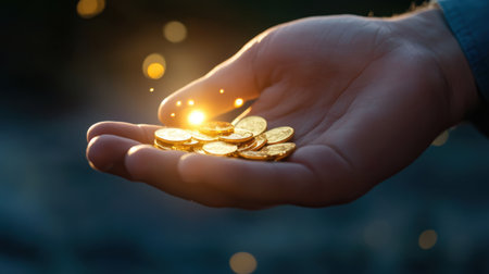 Hand letting go of gleaming gold coins with sharp focus on shine, dark ambient backgroundの素材