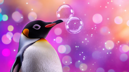 Fluffy penguin blowing bubbles with a twinkling sky and watercolor backgroundの素材