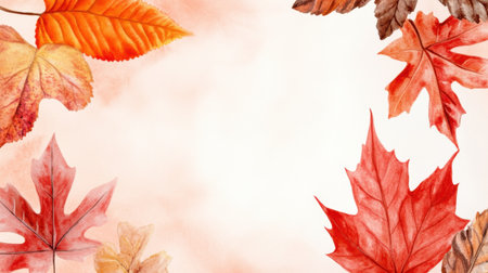 Hand-painted fall leaves in crimson and orange hues, watercolor wash with empty central spaceの素材
