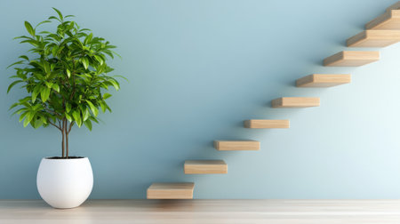 Light-filled wooden staircase beside soft blue wall, serene minimal designの素材