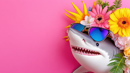 Happy cartoon shark with sunglasses and vibrant floral crown, centered on pink backdrop for fun vibeの素材