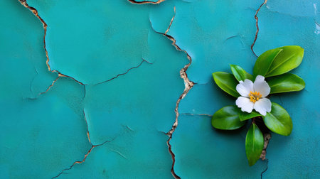 Green leaves and flower rising through cracked surface, vibrant contrast against decayの素材