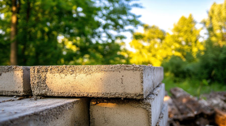 Industrial strength meets soft light: stacked cement blocks in focus, blurred trees and skyの素材