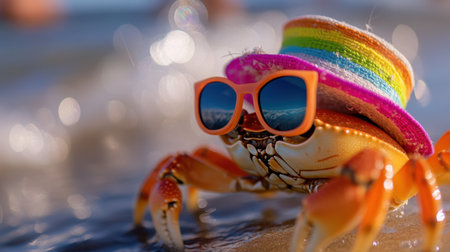 Joyful crab showing off stylish sunglasses and a colorful hat with waves crashing behindの素材