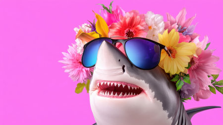 Happy cartoon shark with sunglasses and vibrant floral crown, centered on pink backdrop for fun vibeの素材