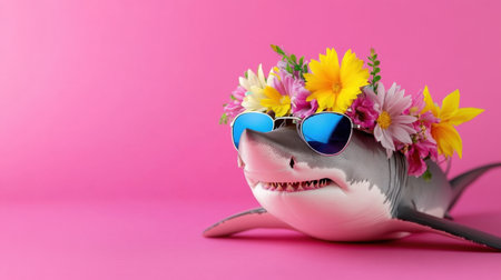 Light-hearted shark donning shades and colorful crown of flowers, on a cheerful pink backgroundの素材