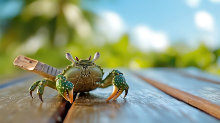 Musical crab with guitar chilling outdoors on a picnic table, adding rhythm to a peaceful tropical dayの素材