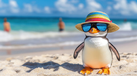 Penguin wearing beach hat and shades, posing on a bright sandy beach with waves in the backgroundの素材