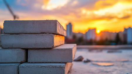 Neatly stacked concrete blocks glowing under a warm sunset sky with blurred distant buildingsの素材