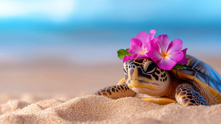 Relaxed turtle with dainty flower hat crawling across beach, surrounded by subtle textures of sandの素材