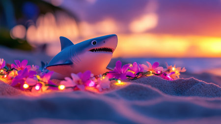 Ocean sunset with whimsical shark character in beachwear and festive flower garlandの素材