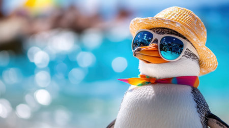 Penguin dressed for the beach in sunglasses and sunhat, against a vibrant oceanic backdropの素材