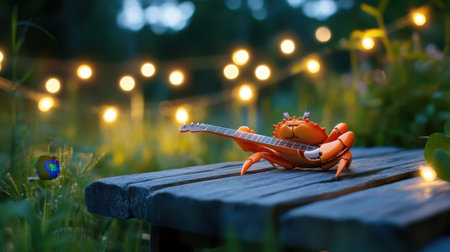 Quirky crab plays guitar on rustic table in serene garden with string lights and breezeの素材