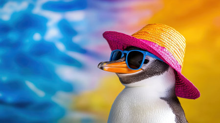 Penguin dressed for the beach in sunglasses and sunhat, against a vibrant oceanic backdropの素材