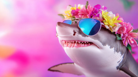 Shark wearing aviators and floral crown, floating in a bold pink scene with playful energyの素材