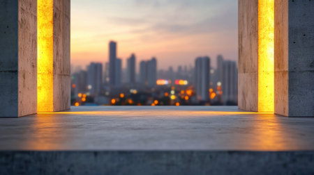 Rough concrete geometry lit by fading day, dreamy blurred skyline behindの素材