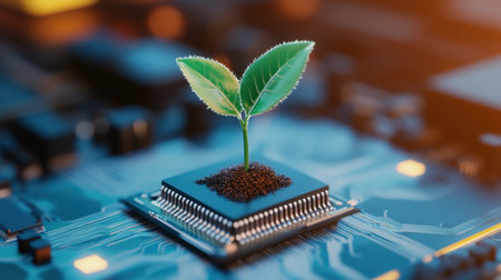 Small seedling rising from microchip, merging nature and technologyの素材