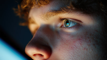 Portrait in low light, screen illuminating face and eyes locked on screenの素材
