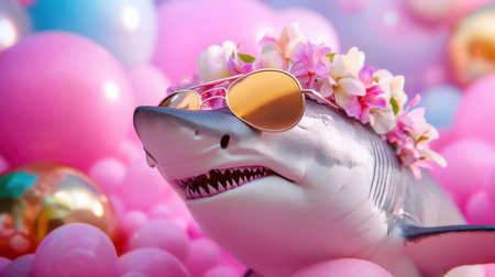 Shark wearing aviators and floral crown, floating in a bold pink scene with playful energyの素材