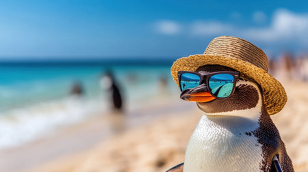 Relaxed penguin on the beach, wearing chic sunglasses and a straw hat, basking in summer vibesの素材