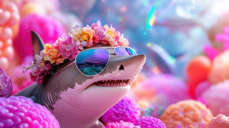 Shark wearing aviators and floral crown, floating in a bold pink scene with playful energyの素材