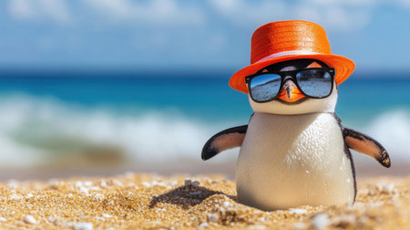 Penguin with vacation gear--hat and sunglasses--on golden beach with clear waves behindの素材