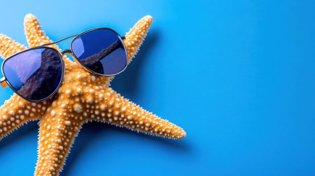 Smiling starfish with tiny sunglasses chilling on bright beach-inspired blue backgroundの素材