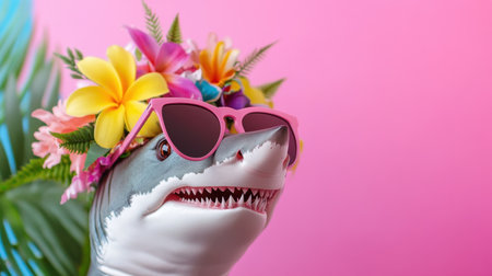 Shark icon in tropical floral crown and sleek sunglasses, radiating joy on pink canvasの素材