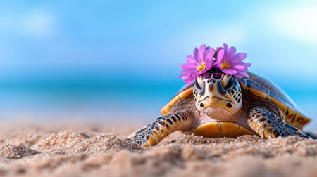 Relaxed turtle with dainty flower hat crawling across beach, surrounded by subtle textures of sandの素材