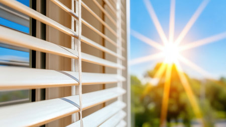 Rays of sunlight spill through blinds with a view of vibrant blue sky beyondの素材