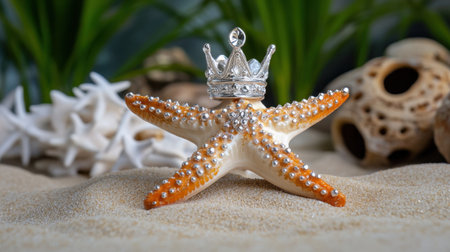 Regal starfish adorned with a shiny silver crown, set against a peaceful sandy beach with ocean decorの素材