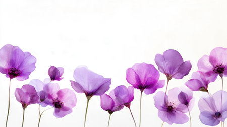 Soft purple flowers painted in watercolor style, arranged delicately on white canvasの素材